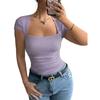 Women Square Neck Ruched Short Sleeve T Shirt Slim Fit Stretchy Casual Top Soft Fabric Stylish Design