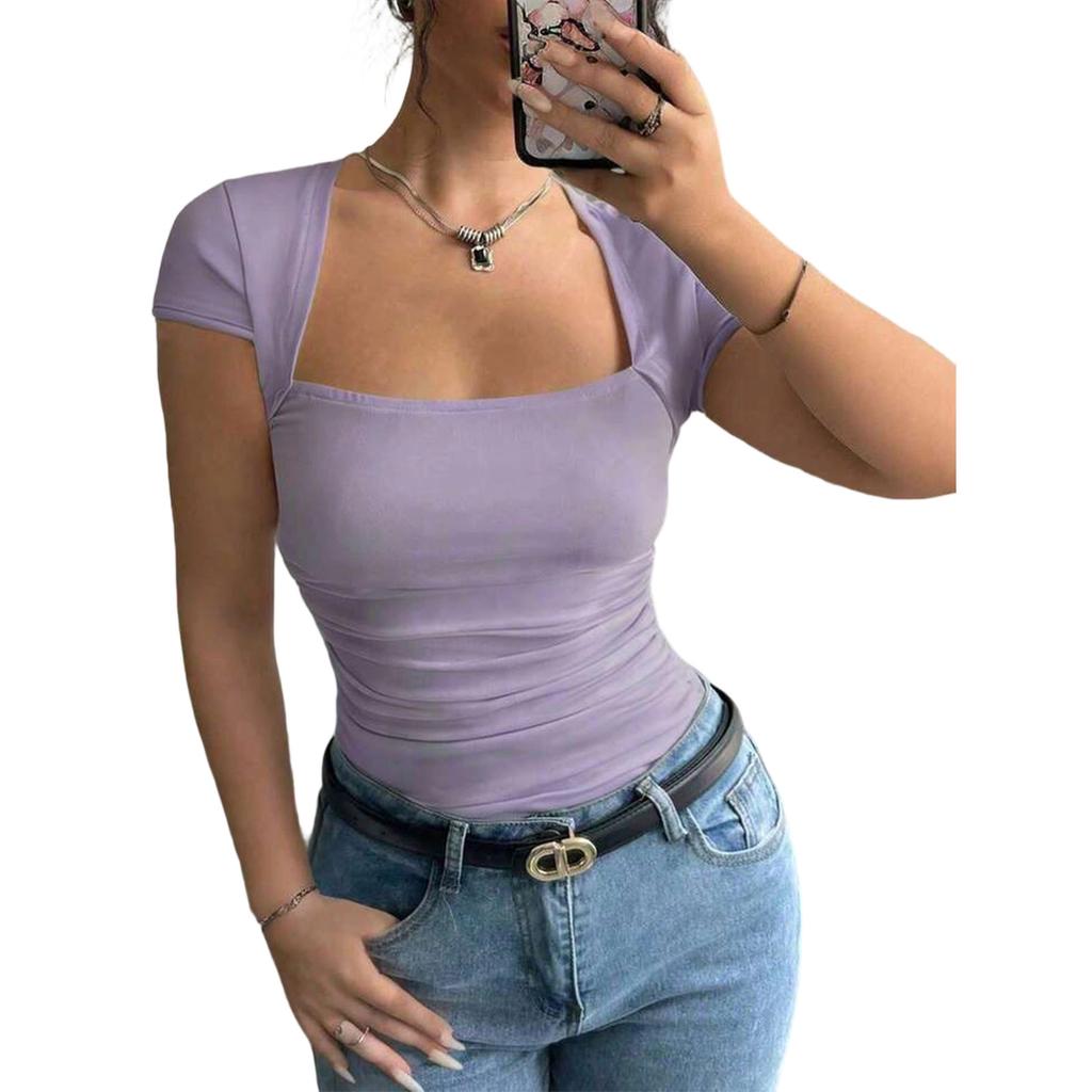Women Square Neck Ruched Short Sleeve T Shirt Slim Fit Stretchy Casual Top Soft Fabric Stylish Design