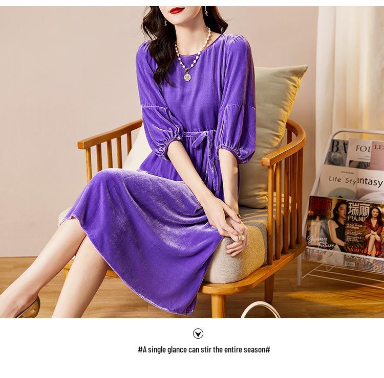 Silk Velvet Women's Dress with Belt & 3/4 Sleeves - Autumn Winter Collection