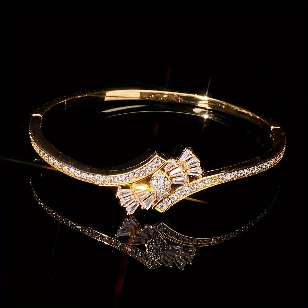 Zircon-inlaid elegant bow bracelet for women, simple style copper bracelet with unique plating, suitable for daily wear and parties1Pieces