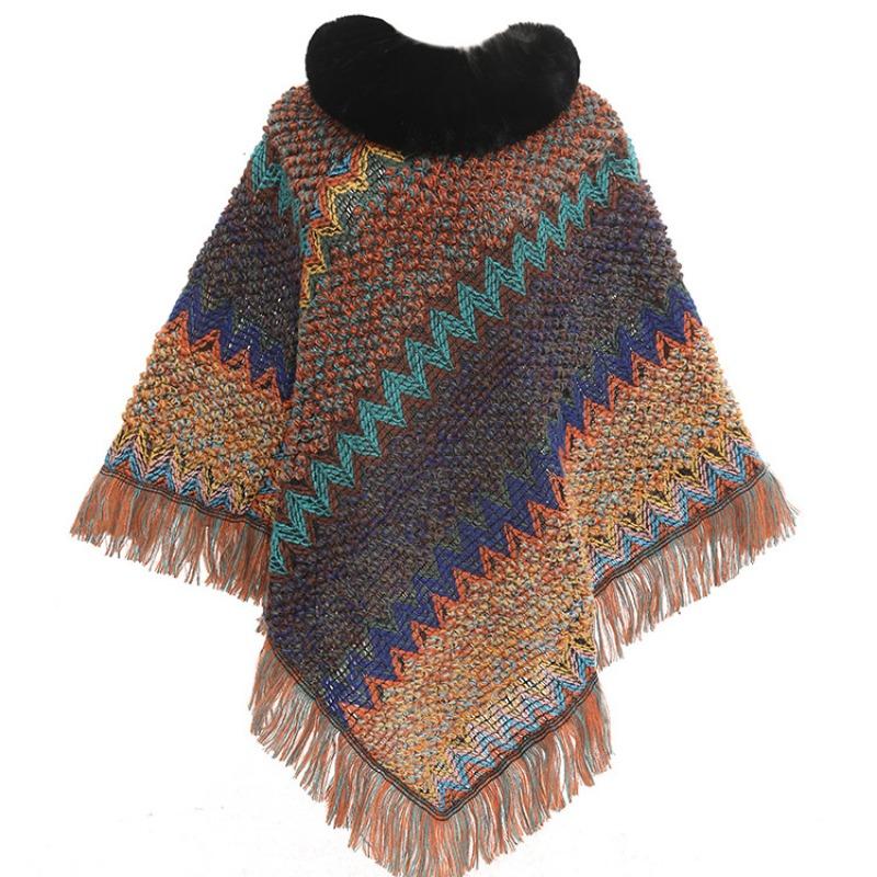 Color Ethnic Style Pullover Cape Women's Fur Collar Women's Knitted Cape Warm Autumn and Winter Shawl