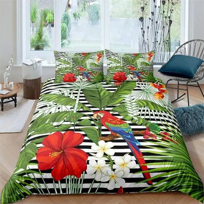 Set Copripiumino Pappagallo Bianco Nero a Righe Set Biancheria da Letto Pianta Verde Foglie di Palma Copripiumino Uccello Animale Poliestere Copripiumino