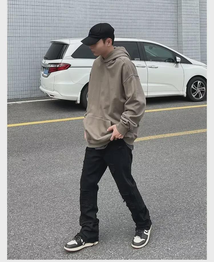 Pánské vintage černé roztrhané slim straight džíny s trendy high street rozšířeným designem