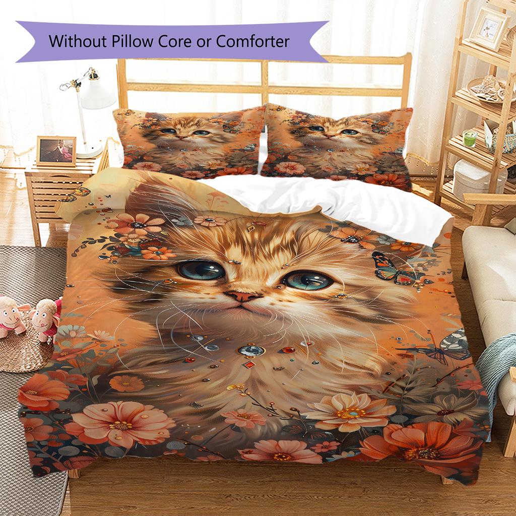Orange Cat Pattern Bedding Quilt Set Quilt Cover Pillowcase Home Decoration Gift (1 * Duvet Cover + 2 * Pillowcase, Without Core)