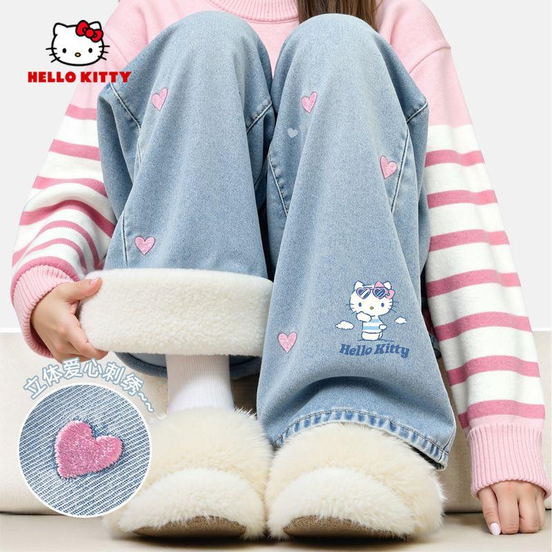 Hello Kitty Girls' Pants Autumn and Winter 2025 New Children's Fleece-Lined Jeans Cotton Pants Thickened for Winter