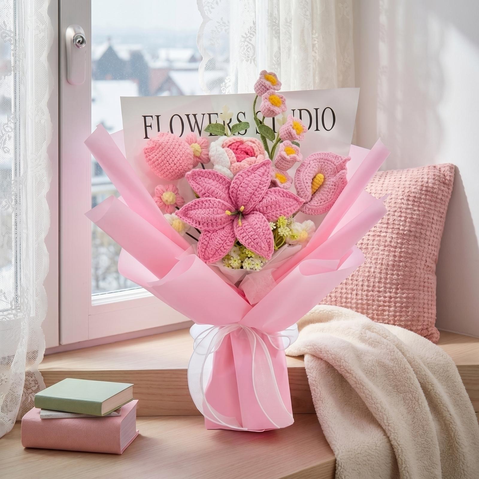 

Handmade Crochet Bouquet Artificial Flower Arrangement Decorative Floral Gift for Home Office Wedding Event Birthday Anniversary one size