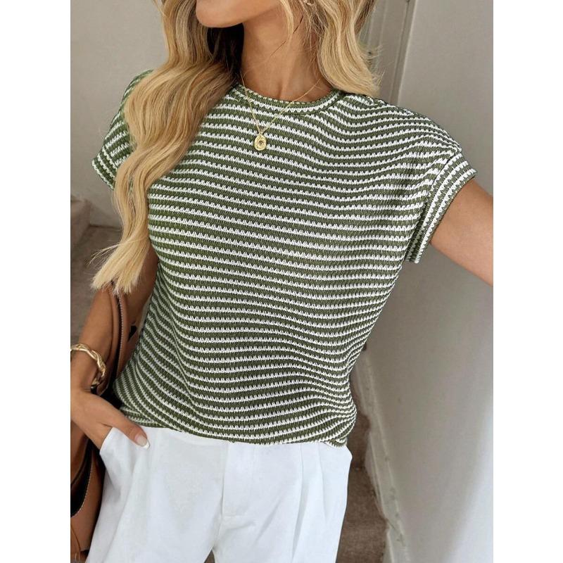 Summer New Women's Round Neck Pullover Two-color Knitted Short-sleeved Top