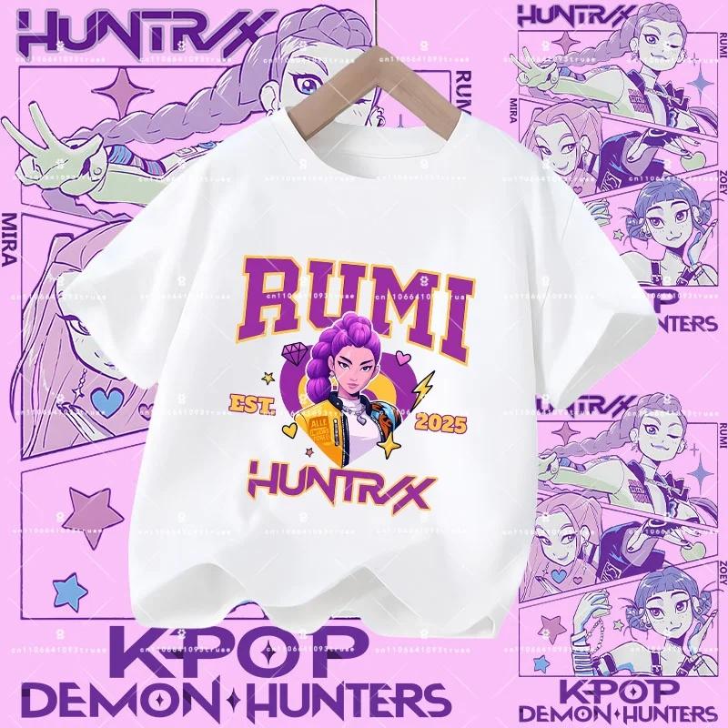 2026 New Kpop Demon Hunters Children's Polyester T-shirt - Girls' Casual Top with Cartoon Print - Summer Short-Sleeved Sports Shirt