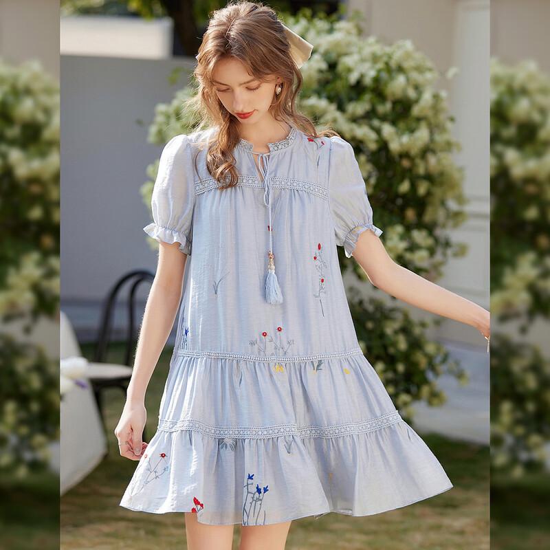 Bailuyu Embroidered Puff Sleeve A-Line Mini Dress