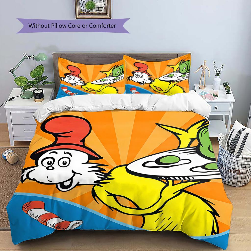 Green Eggs and Ham Pattern Bedding,Quilt Set Quilt Cover Pillowcase Home Birthday Gift (1 * duvet cover + 2 * pillowcase, without core)