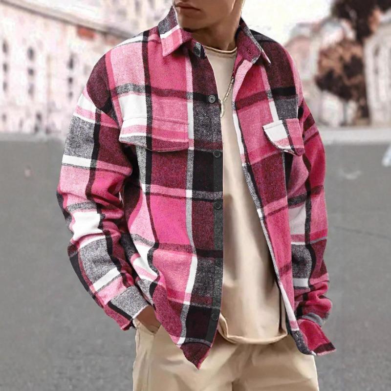 Spring and Autumn New Style Elegant Lapel Checkered Men's Shirt Retro Brushed Casual Long Sleeve Jacket