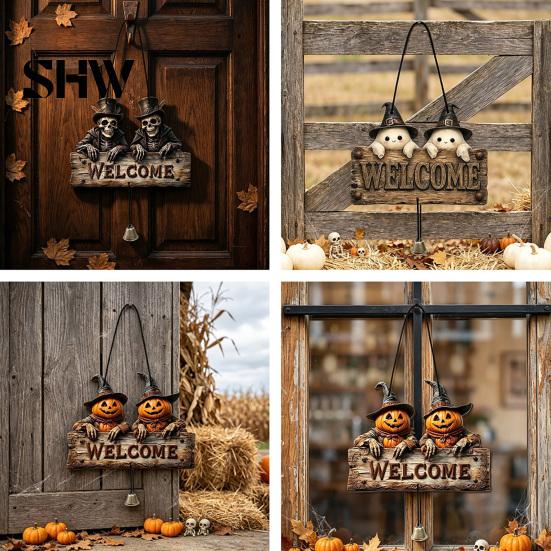 Handmade Retro Wood Craft Halloween Wooden Welcome Hanging Sign, Vintage Farmhouse Door Hanger with Skeleton Pumpkin Rustic Holiday Sign Ghost,