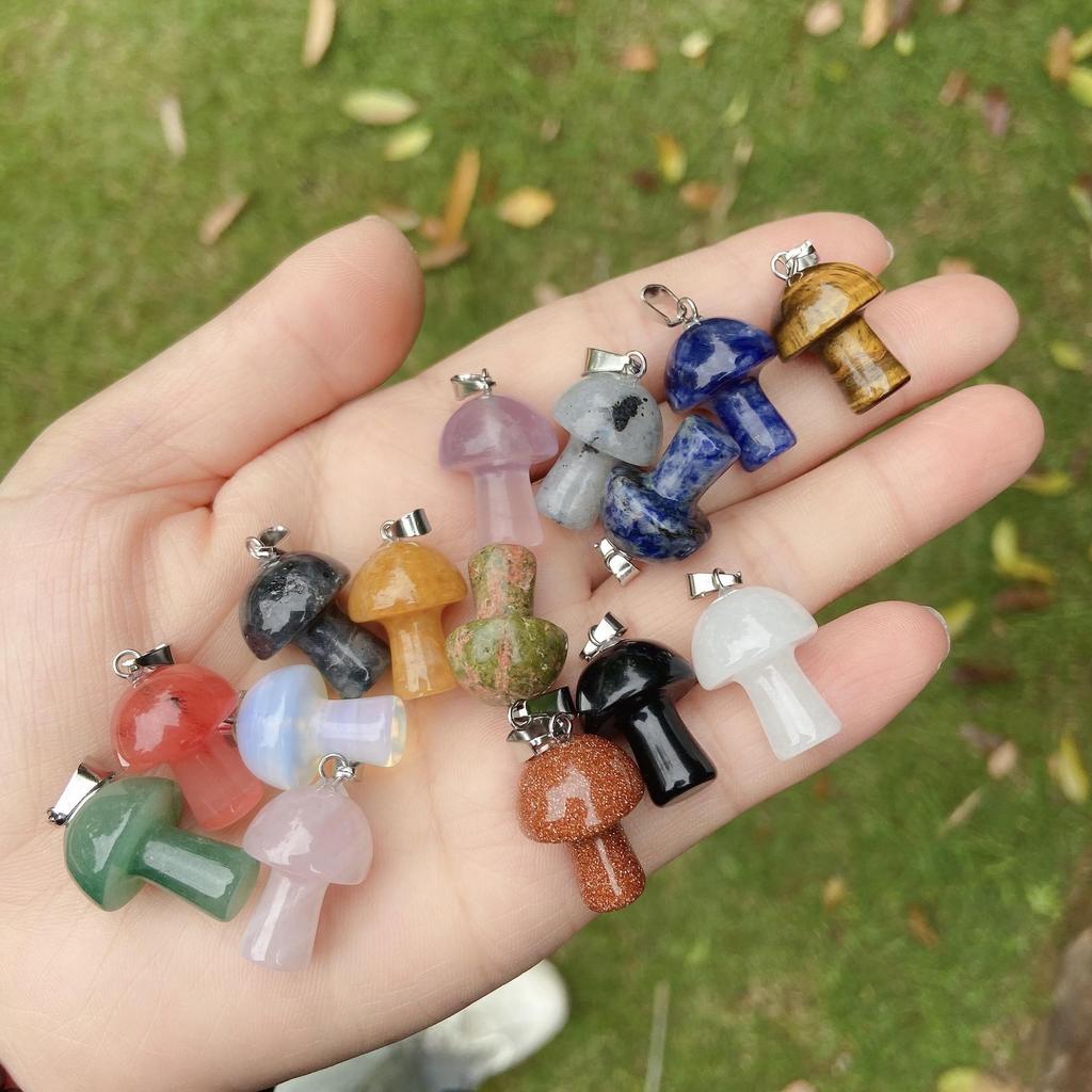 2cm Natural Crystal Jade & Pink Tiger Eye Mushroom Necklace Pendant