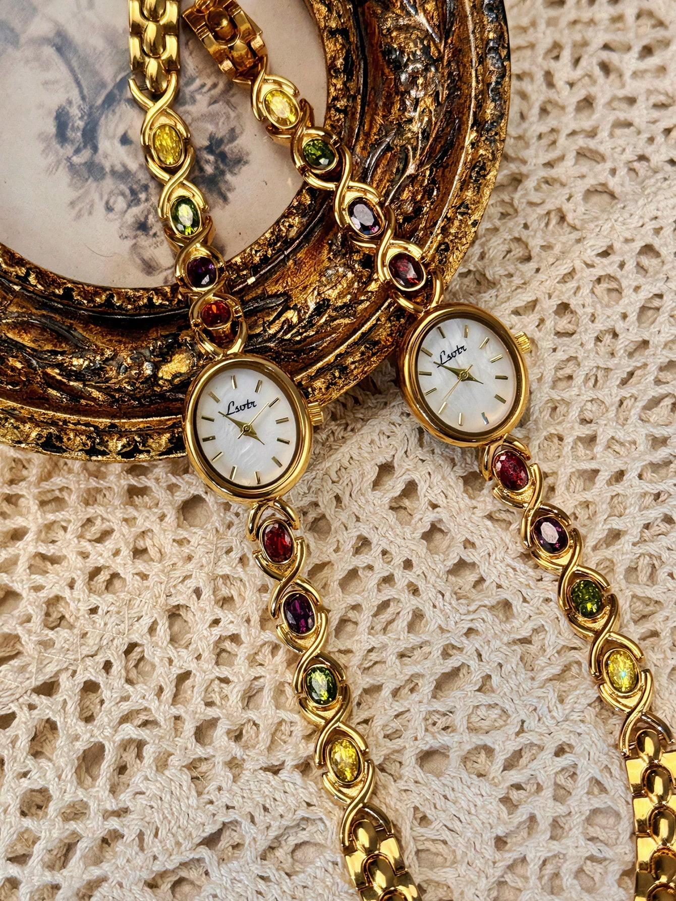 

Часы с ремешком, инкрустированным яркими кристаллами, водонепроницаемость 30 м, кварцевые наручные часы овальной формы с перламутровым циферблатом, подходят для повседневного ношения