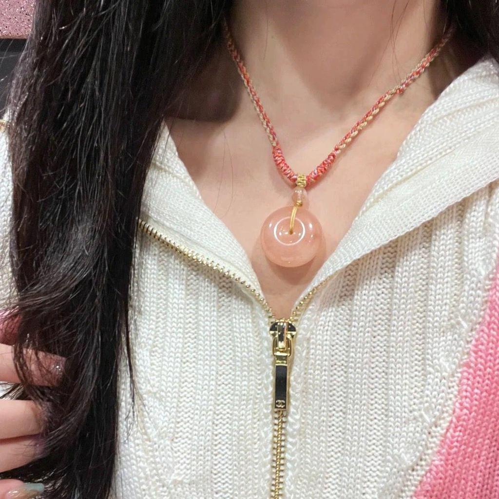 Xinjiang Peach Blossom Golden Silk Jade Pendant Necklace with Pink Jade Buddha Charm