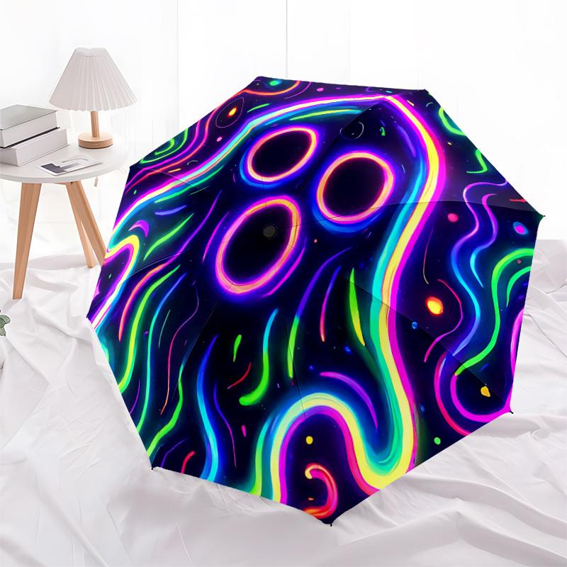 1pc Neon Ghost Automatic Folding Umbrella with 8-Rib Windproof Design, Portable Foldable Sunshade Umbrella For Halloween 017