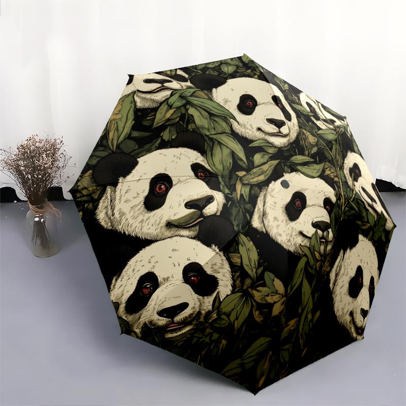 Fantasia panda e erba, ombrello pieghevole automatico, design portatile e pieghevole, 8 stecche, un regalo di Natale o di compleanno.