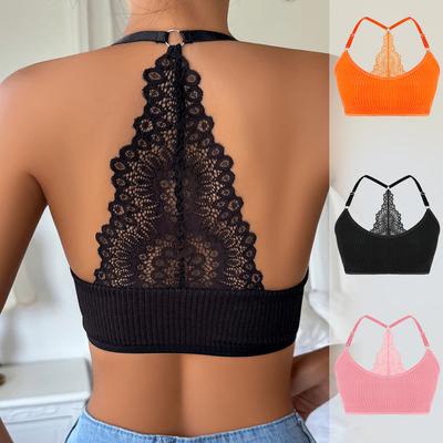 Women Solid Ribbed Adjustable Thin Strap Wireless Casual Bra