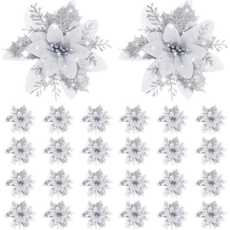 1bag 5pcs Christmas Decorations Glitter Polyester  Artificial Christmas Flowers for Christmas Tree Ornament Party Wreath Decor