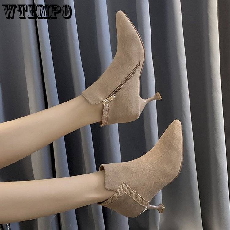 

Short Boots with Women s Low-heeled Shoes Side Zipper Suede Surface High Heel Fabric Pointed Toe Shoes Suede Short Booties 40 хакі