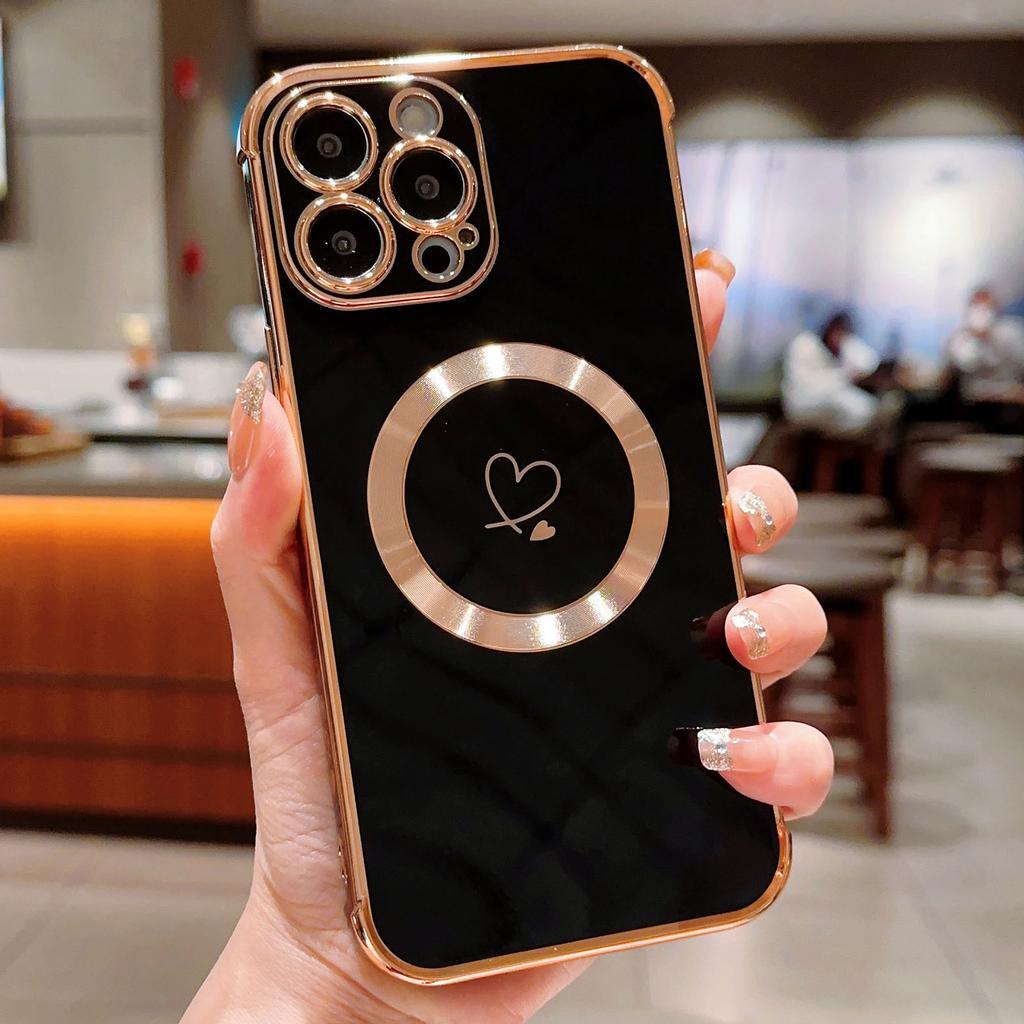 For iPhone 14 Pro Case Compatible with MagSafe Electroplated TPU Phone Cover Hollow Love Hearts