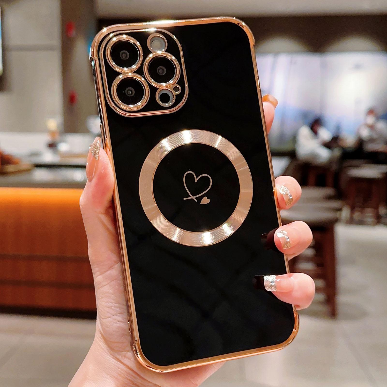

For iPhone 15 Pro Max Case Compatible with MagSafe Electroplated TPU Phone Cover Hollow Love Hearts Black