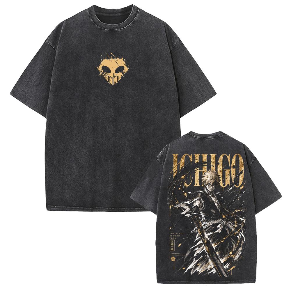 Kurosaki Ichigo Manga Bleach T Shirt Harajuku Vintage Washed T-shirt Men Clothing Short Sleeve Oversized 100% Cotton Tees Tops