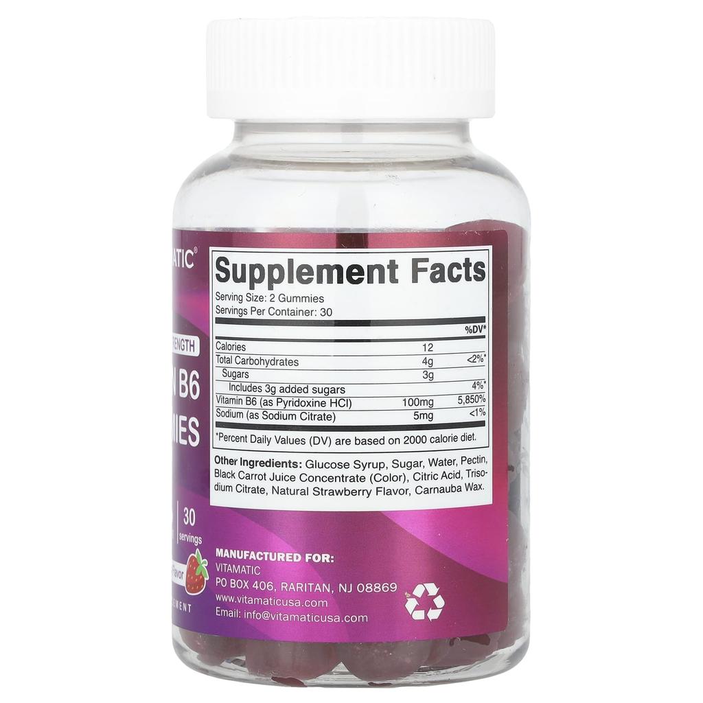 Vitamin B6, Extra Stärke, Natürliche Erdbeere, 100 mg, 60 Gummibärchen (50mg pro Gummibärchen)
