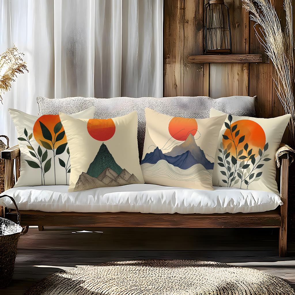 Double-Sided Printed Throw Pillow Covers, Watercolor Sun & Mountain Print Cushion Cases, Calming Zen Aesthetic For Sofa Bedroom
