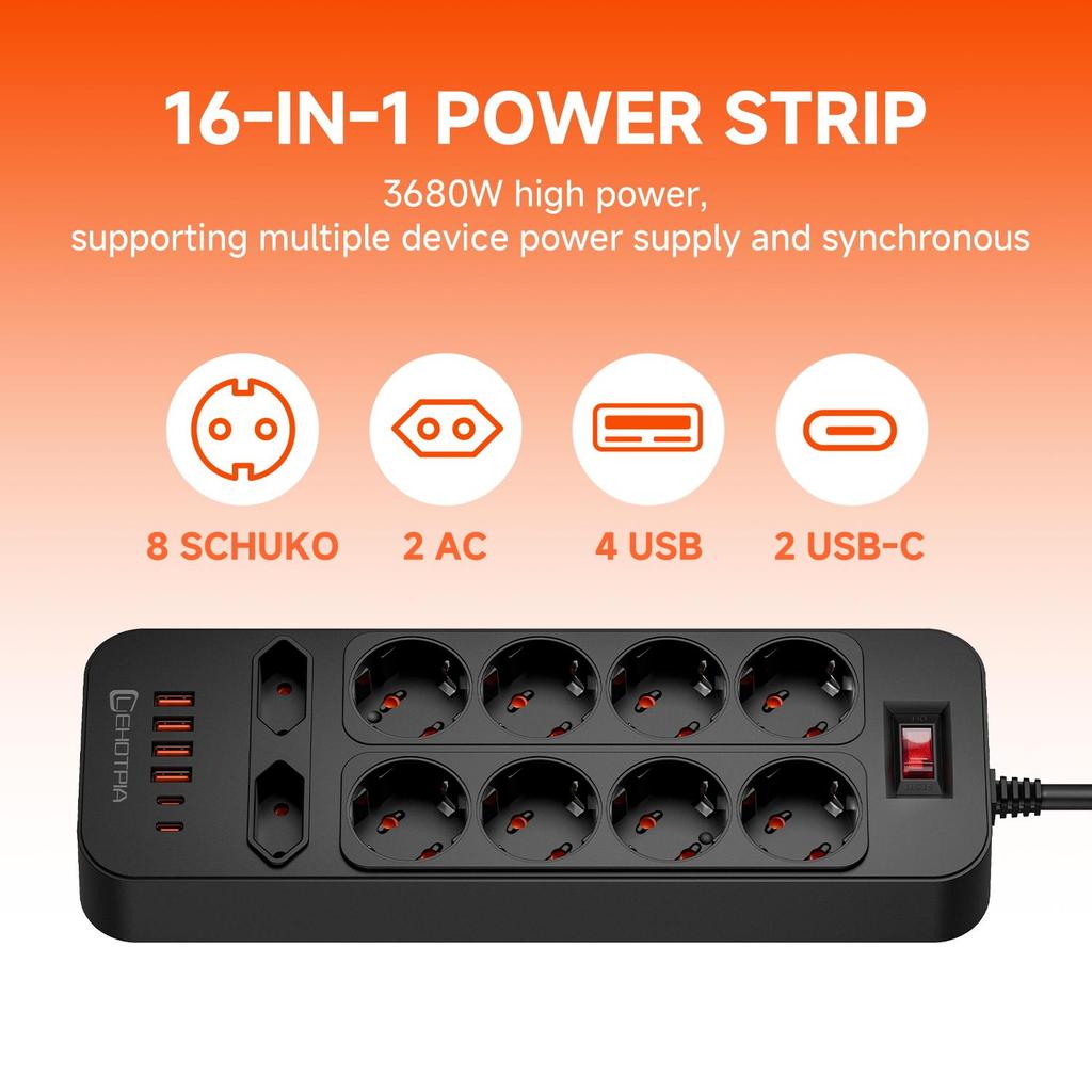 3680W EU zástrčka 10 AC zásuviek rozvodka 1,8m predlžovací kábel európska štandardná zástrčka zásuvka sieťový filter s USB C portami nabíjanie
