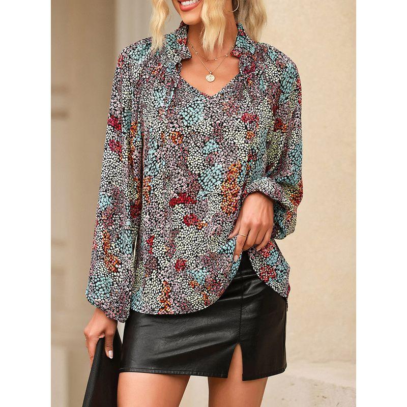 American Acelitt Thin Floral Print Long Sleeve Pullover Shirts Women Summer Loose Casual V-neck Top Women