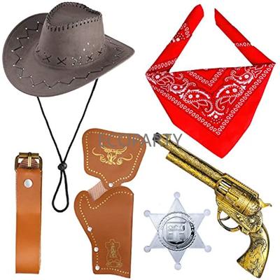 Cowboy Kostüm Zubehör Cowboyhut Bandana Spielzeugpistolen mit Gürtelholstern Cowboy Set für Halloween Party Kostümierung Sechs-Teile-Set