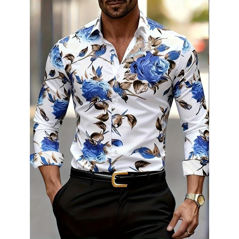 Men's long-sleeved shirt, 3D printing technology, exquisite blue rose printing, suitable for casual outings, parties, gifts for friends and lovers