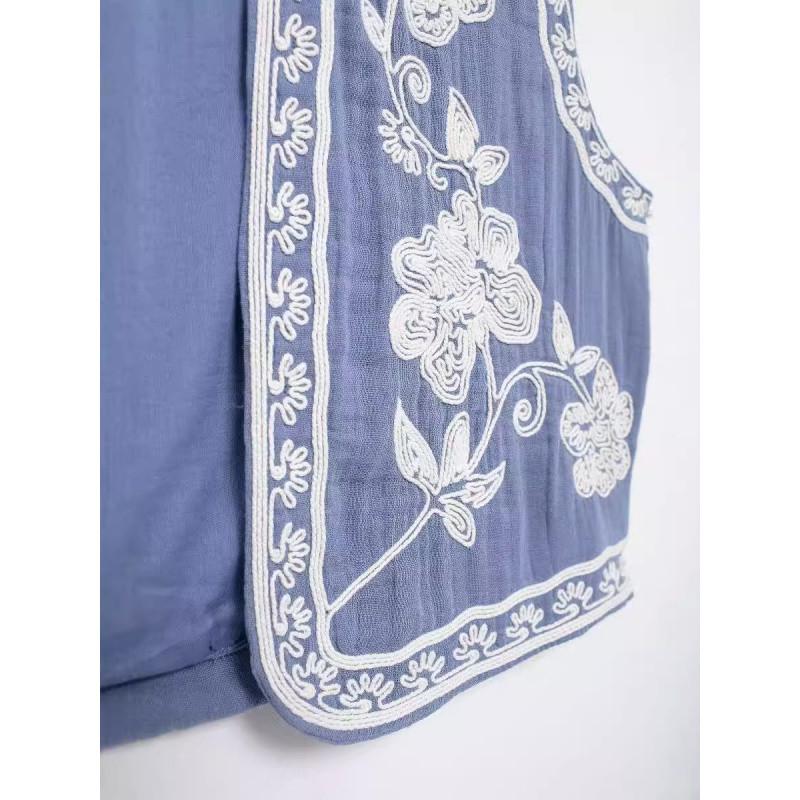 2024 Vintage květinová výšivka Barevný blok Vesta – Jarní bezrukávový top s otevřeným předním dílem