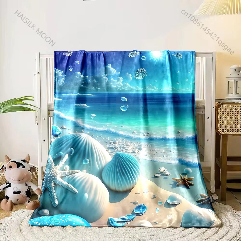 1PC Blue seashells waves beach Print Adult Children Warm Blankets Home Travel Car Soft and Comfortable Suitable for all seasons