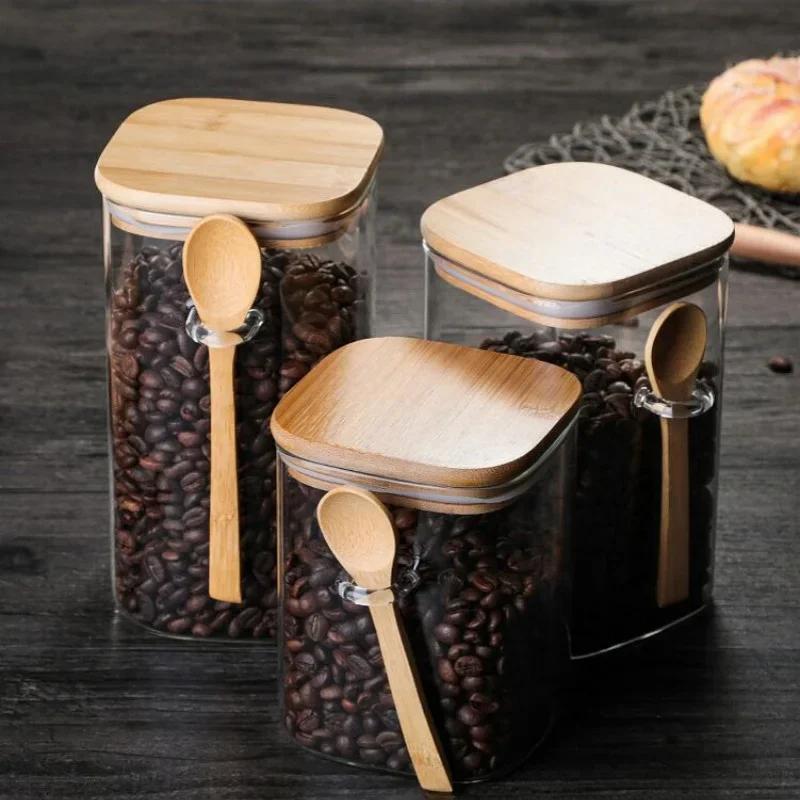 1000/1200/1500mL Square Sealed Glass Storage Jar with Spoon and Bamboo Lid Coffee Bean Grain Seasoning Food Storage Containers
