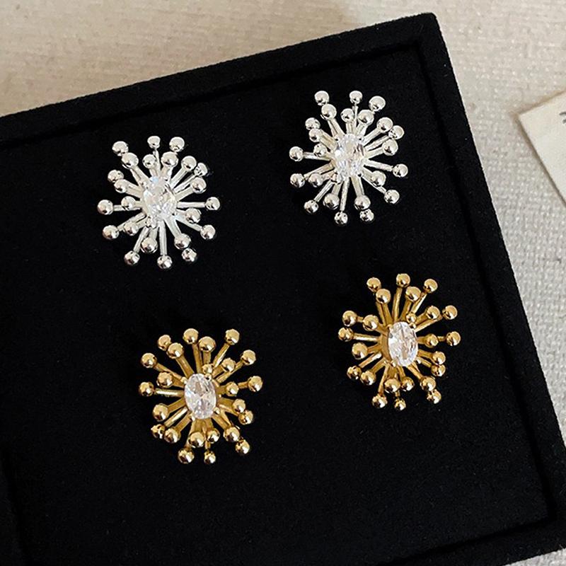 PONYKISS Sterling Silver 18K Gold Zircon Fireworks Flower Stud Earrings for Women Cute Fine Personality Accessories