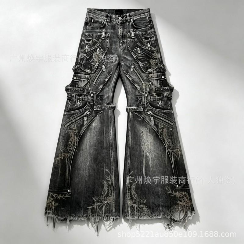 Herren Premium Baumwolle Stretch Gerade Bein Ausgestellte Jeans Mit Stickerei Abgenutztes Detail XXL schwarz