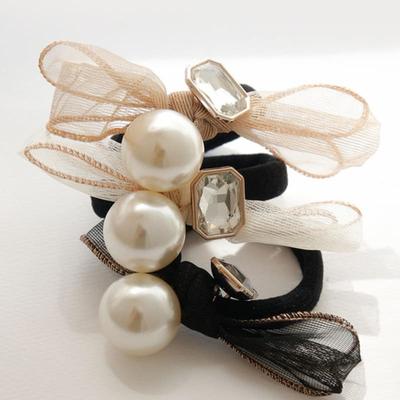 J.Lauren Mesh Ribbon Pearl Cubic Hair Tie H01045