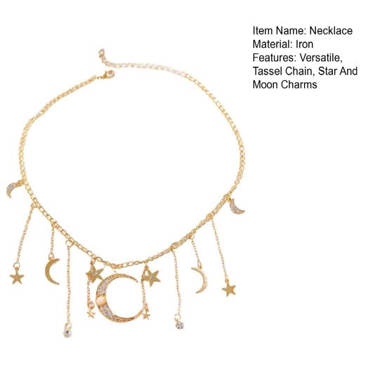 Star Moon Charms Necklace Boho Tassel Chain Choker Rhinestone Crescent Pentagram Fringe Charm Necklace for Women Dates Parties Jewelry