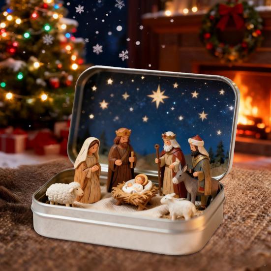 Miniature Christmas Nativity Set In A Tin Box Handcrafted Pocket Nativity Scene Gift Small Religiou Holy Family Ornament for Desk Shelf Travel Decor