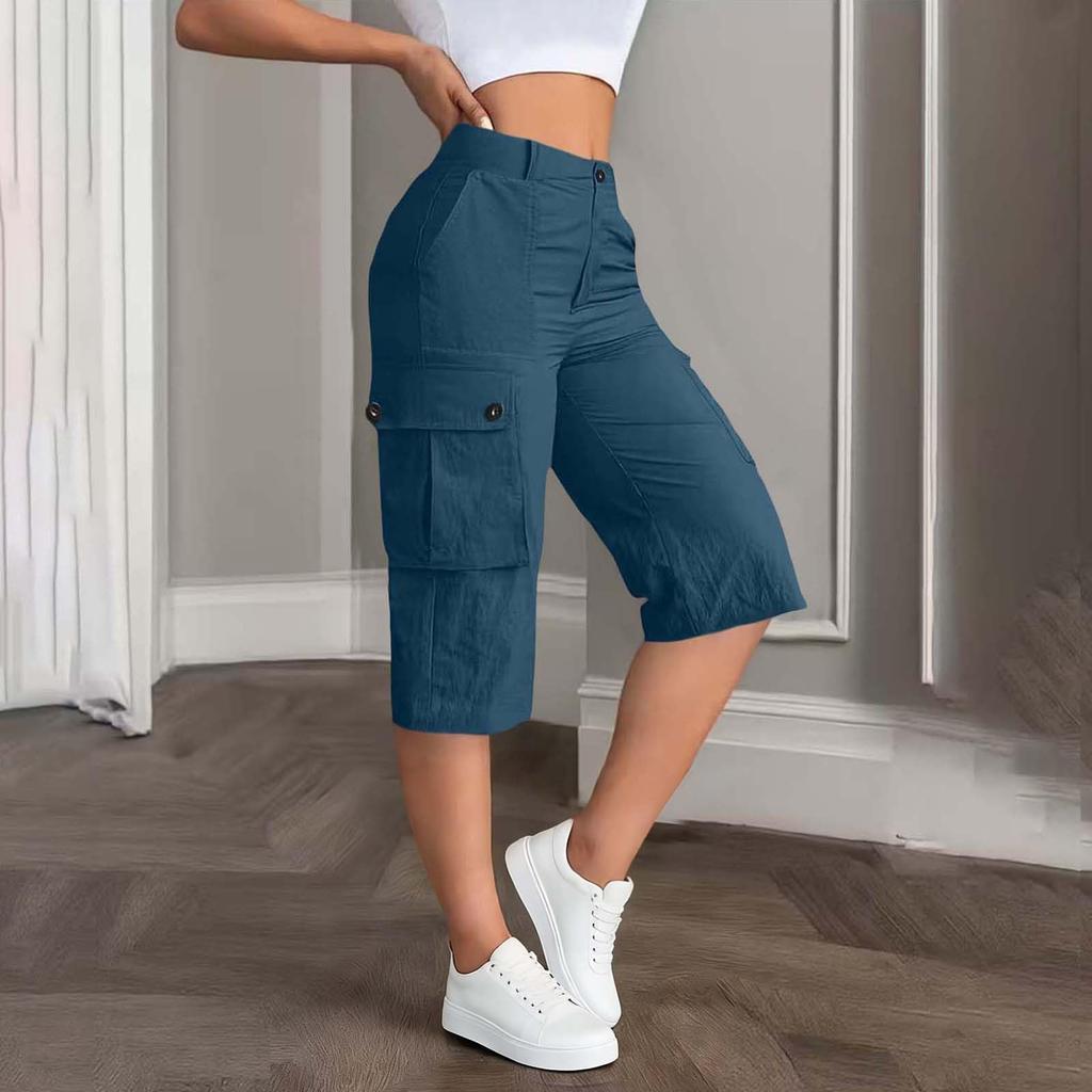 Damen Mid-Waist Relaxed Fit Cargo-Shorts mit elastischem Bund hinten, Knopf- und Reißverschluss, Mehrere Taschen