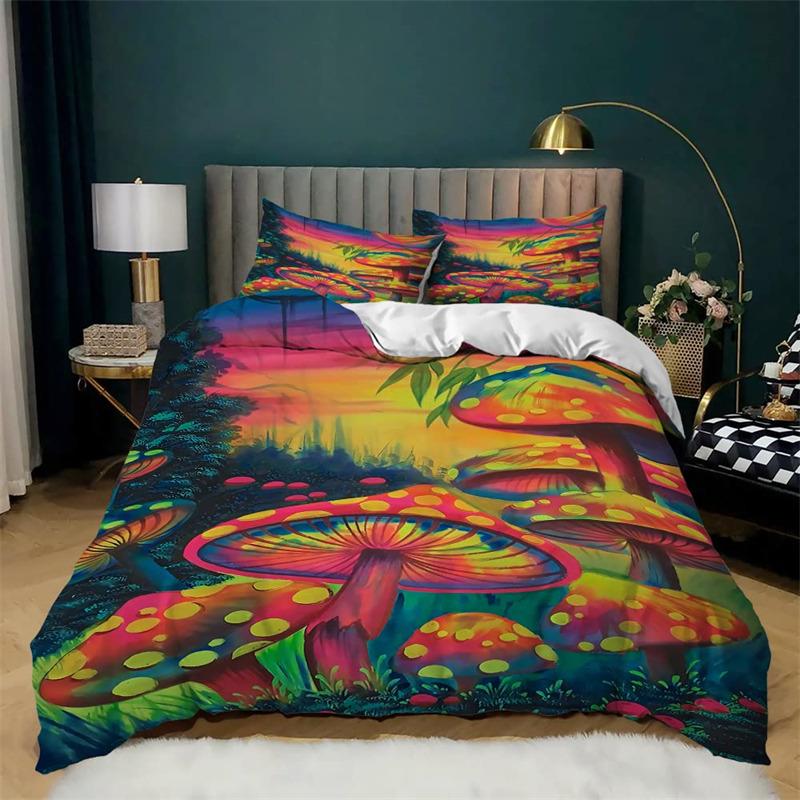 Pilz Bettbezug Set Cartoon Bettwäsche Set Naturpflanzen Druck Bettdeckenbezug Kissenbezüge King Für Kinder Erwachsene Schlafzimmer Deko