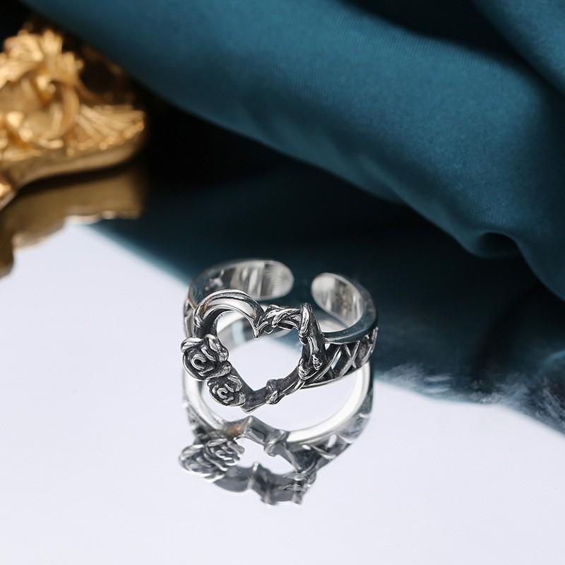 Adjustable Open Ring With Hollow Heart Rose Design Sterling Vintage Style Unisex Fashion Jewelry