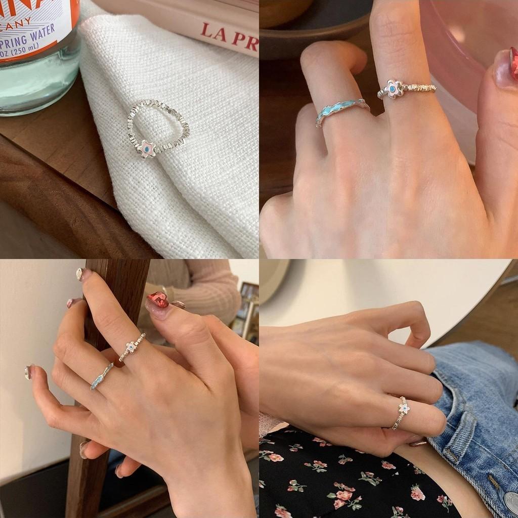Stylish Korean Minimalist Flower Beaded Ring For Women Adjustable Open Finger Design