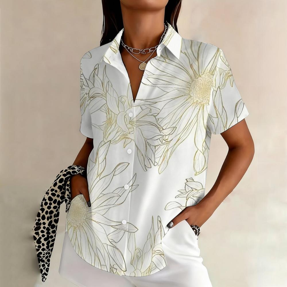 Simple and personalized chrysanthemum print summer women s plus size lapel short sleeved shirt fashionable versatile top XL