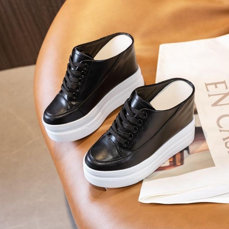 Mode 11CM Äkta Läder Mode Höjdökande Kvinnor Dam Casual Plattforms Wedge Dam Slip-on Sko Sommar