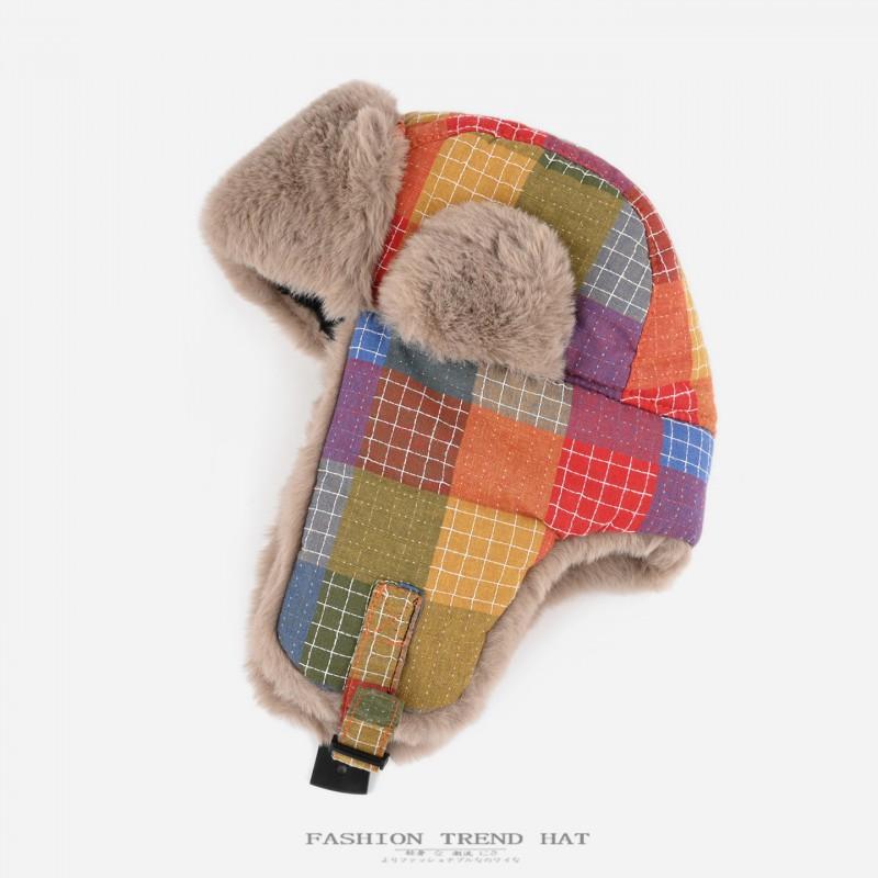 Unisex Retro Colorblock Plaid Fleece Lined Winter Warm Beanie Hat With Ear Protection