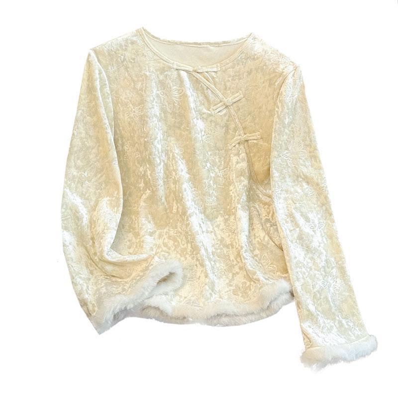 Women's Chinese Style Velvet Base Layer Shirt with Diagonal Lapel and Frog Button Details - Long Sleeve Trendy Top