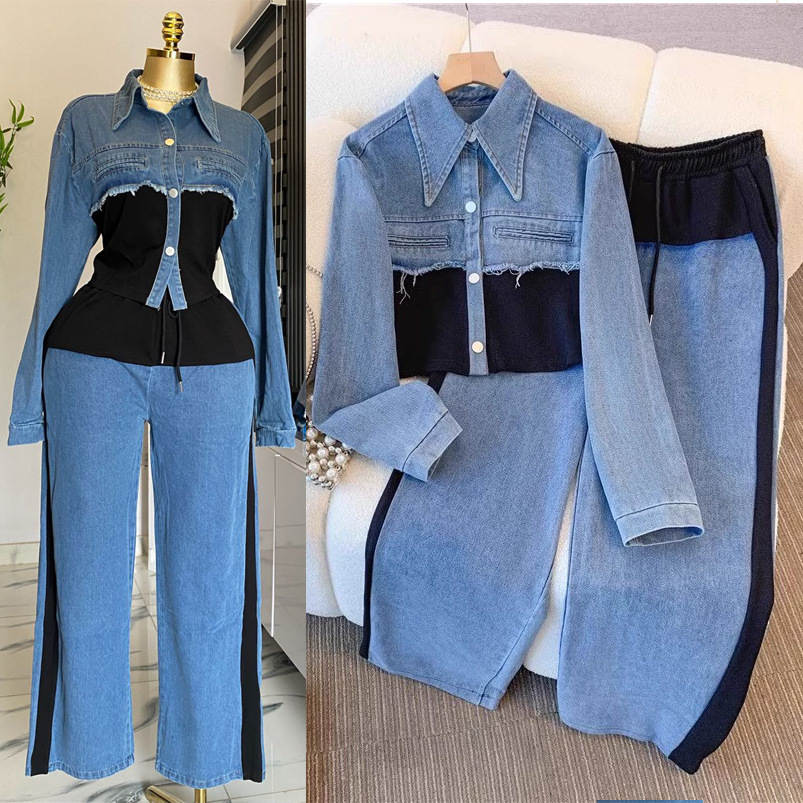 

Women s Spring and Fall Set Splicing Top + Tie High Waist Jeans Sub Casual Loose Two-piece Set XS чорний